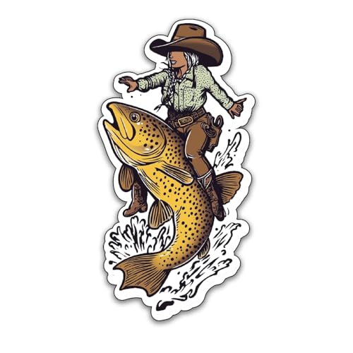 Image of Funny Fishing Bumper Sticker Decal for Car, Auto, Laptop - Trout Wrangler & Cowgirl Fly Fishing Design - Weatherproof Material