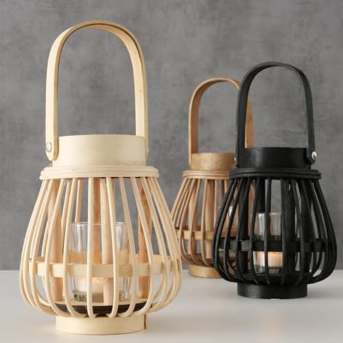 Dekorative Laternen Set 3 Stück Bambus Windlichter in Rund Natur/Schwarz/Beige Kerzenhalter Dekokerze – Bild 3