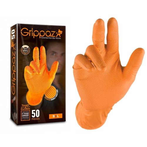 Gants Grippaz en nitrile sans latex (Lot de 50 paires) - Taille L Orange - 100 Gants jetables pour garages, mécanique & Industrie