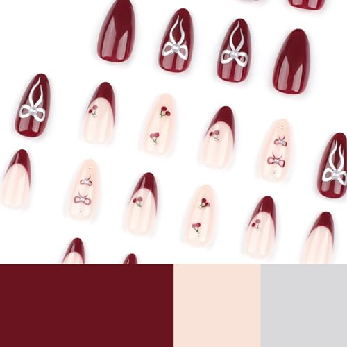 Image of Red French Tip Press on Nails Cherry Fake Nails Short Almond False Nails with Pearl Design Bow Glue on Nail Glossy Artificial Acrylic Full Cover Nude Stick on Nail for Women Manicure 24Pcs