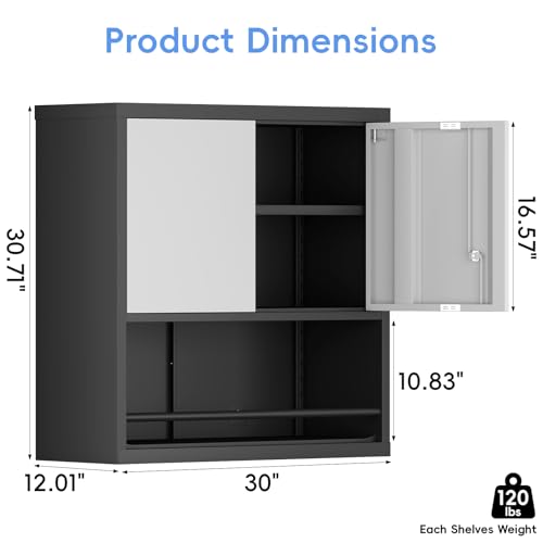 Image of Garage Locking Cabinet, Wall Storage Cabinet with Shelves, Hanging Cabinets with Open Storage, Small Wall Cabinet, Lockable Tool Cabinet for Basement, School, Office