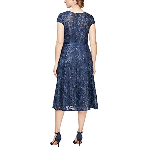 Image of Alex Evenings Women's Tea Length Dress with Rosette Detail (Petite and Regular)