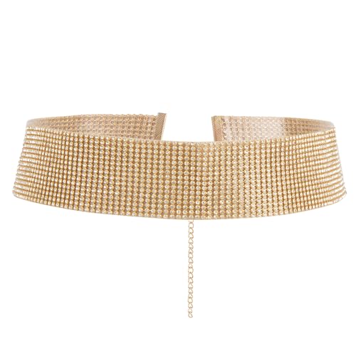 Felite Fnn Women's Glitter Rhinestone Studded Wide Elastic Metal Chain Belt Waist Belt