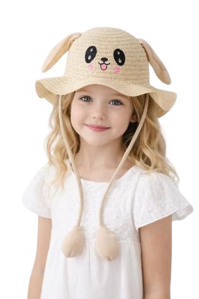 Image of FabSeasons Kids Cute Straw Sun Hat with Moving Ears (Ages 4-8 Years) | UV Protection, Wide Brim, Foldable, Beach Bucket Cap | Girls & Boys Breathable Summer Sun Hat with Inner Adjustable String