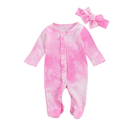 Newborn Baby Unisex Footed Pajamas Zip Front One-Piece Ruffle Ribbed Romper Jumpsuit Organic Cotton Sleeper Pjs (Pink + Headband,0-3 Months)