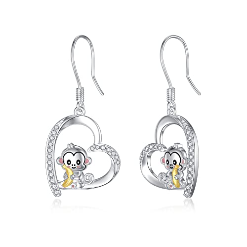 LONAGO Boucles D'oreilles Singe Argent Sterling 925 Mignonne Singe Contient la Banane Pendre Des Boucles D'oreilles Bijoux pour Femmes Cover