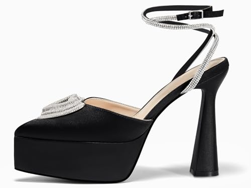 Coutgo Womens Platform High Chunky Heels Rhinestone Triple Heart Pointed Toe Ankle Strap Party Wedding Dress Pumps Shoes4