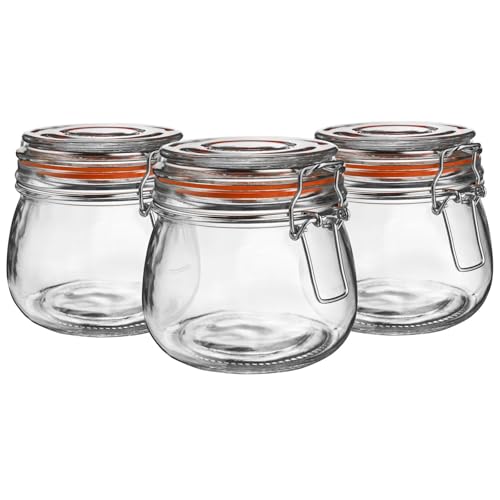 Argon Tableware Glass Jars with Airtight Metal Clip Lid - 500ml/17.6oz - 3 Pack - 4 Colour Seals - Medium Kitchen Storage Container Round Preserving Jar for Pickling Chutney Jam Coffee