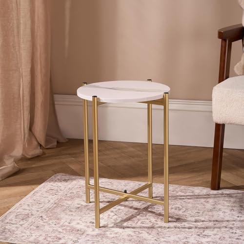 OHS Side Table Living Room, White Mable Top Round Coffee Table with Gold Sturdy Metal Frame Decorative Small Table Nightstand Bedside Tables for Bedroom Living Room Home Office