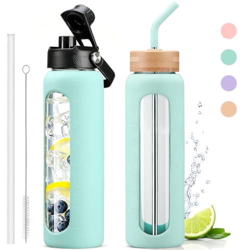 Image of 32oz Glass Water Bottle with Straw and 2 Lids, Mint Green | Bamboo and Spout Lid, Non-slip Silicone Sleeve, with Motivational Time Marker, Reusable for Gym, Sports, Outdoors