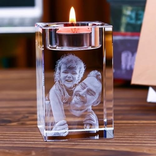 XEL Personalized Photo Engraved Crystal Candelabra,Custom 3d Crystal Photo Tea Light Holders Picture Candlestick Decor for Wedding Anniversary Birthday Christmas Home Decoration Custom Gift (5X5X8CM)
