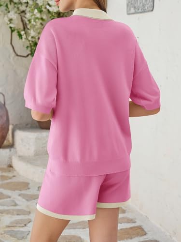 Image of Tankaneo Womens 2 Piece Short Sets Short Sleeve Knit Tops Vacation Outfits | Sweater Fabric, 2026 Summer, Collared, Matching Lounge Set