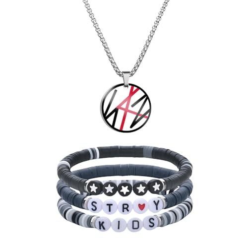 XFSRG Set Collier et Bracelet Fan Kpop Acier Inoxydable Pendentif Chaîne Set de 3 Bracelets en Argile Polymère Colorés Bijoux Unisexes pour Fans (Blanc)