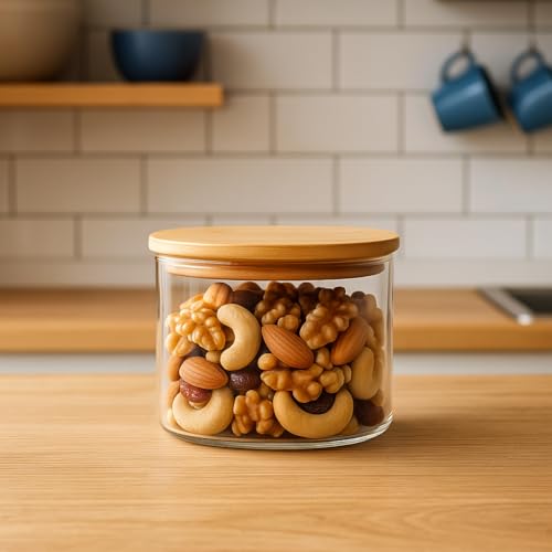 Image of Wooden Lid Square Glass Jar 500ml | Airtight Kitchen Storage Container for Dry Fruits, Snacks, Coffee & Sugar | Transparent Clear Glass Jar with Wooden Lid for Home & Kitchen (4)