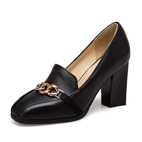 MIOKE Women's Fashion Chunky High Heel Pump Loafers Square Toe Metallic Slip On Leather Office Dress Shoes