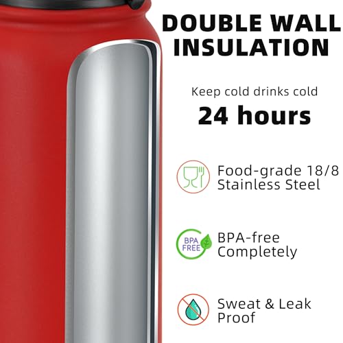 Image of Fanhaw 24oz Insulated Water Bottle with Anti-dust Chug Lid, Red