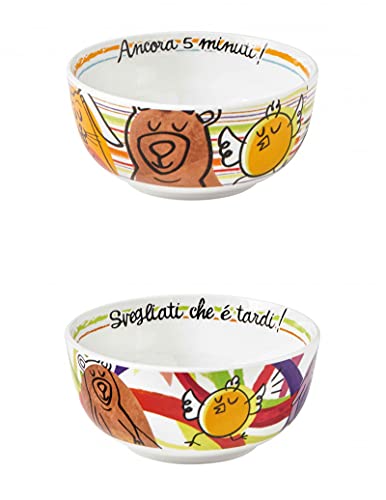 Brandani 52157 Ciotola Colazione Allegra Combriccola Set 2 Pezzi Porcellana Simpatici decori di frutta, ortaggi e animali, in assortiti colori Capacita 250 ml d 13,5x6,5h cm