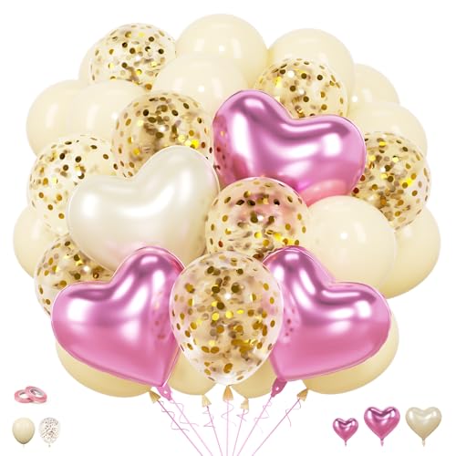 Image of Pink & Cream White Heart Balloons Party Decorations, Heart Shaped Foil and Latex Balloon Decorations Set for Girls Women Happy Birthday Party, Baby Shower, Valentines, Wedding, Engagement, Anniversary