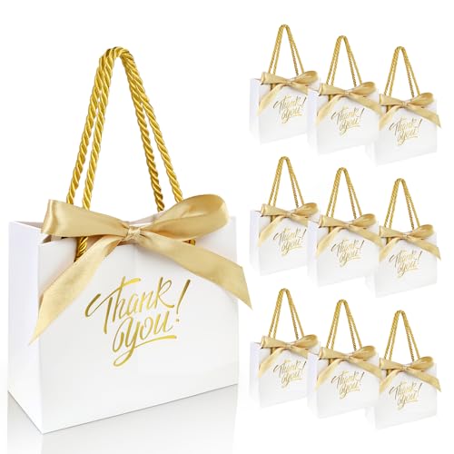 EQOREIIN Small Thank You Gift Bags 50pcs 5.5x2.5x4.7 Inches Small Gift Bags with Handles Bow Ribbon White Paper Bags for Party Favor, Mother's Day，Valentine's Day, Wedding, Baby Shower (White)