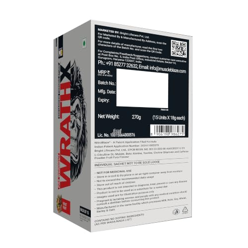 Image of MuscleBlaze Pre Workout WrathX Powder, Fruit Fury, 270g, 15 Servings | Fully Loaded, Crash Free with Caffeine, Citrulline and Beta Alanine | Trustified Certified | Built for Athletes - Dope Free