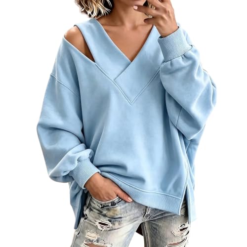 Womens V Neck Sweatshirts Off Shoulder Trendy Oversized Pullovers Sky Blue