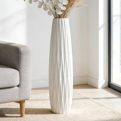 TDIAVH White Tall Ceramic Floor Vase, 35.4 Inch, Ribbed Design, Large Decor