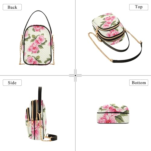 Woman Shoulder Handbag Quilted Chain Strap Cell Phone Handbag Printed Zipper Crossbody Bowler Bag Pink Flowers Green Leaves4