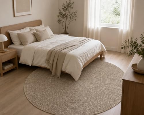 Image of Handmade Cotton Braided 5x5 feet Area Rug - Washable, Low Pile Reversible Floor Mat for Bedroom, Kitchen, Entryway & Living Room - Eco-Friendly Woven Carpet - (Beige Mix, Round)