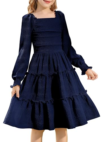 HOZIY Girls Long Sleeve Dress Ruched Smocked Tiered Ruffle A-Line Casual Boho Teen Dresses with Pocket Size 6-16 Years