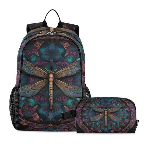Purple Dragonfly Backpack Lunch Bag Set for Travel Hiking Picnic, Backpacks with Insulated Lunch Box