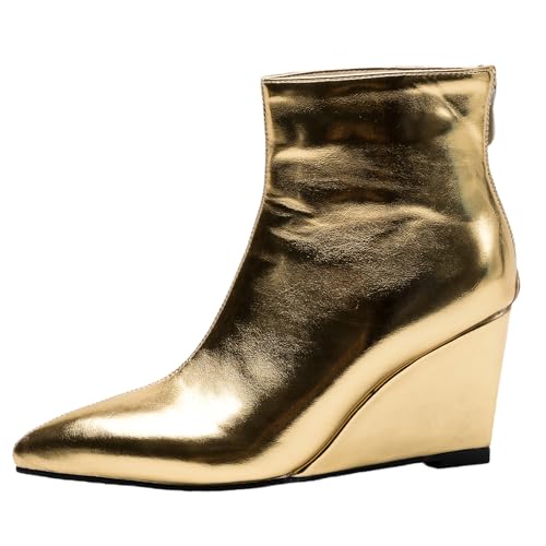 Women's Wedges Heel Pointed Toe Metallic Ankle Boots Sexy Vintage Back Zipper Booties