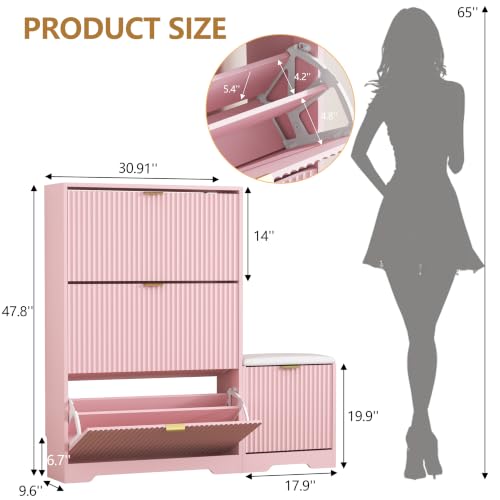 Image of HUANLEGO Shoe Cabinet Storage for Entryway with Flip Drawer & Bench, Pink | Fluted Shoe Cabinet with Bench, Hidden Shoe Rack for Entryway, Freestanding Narrow Shoe Organizer for Hallway, Entrance
