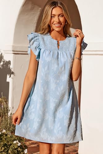 Image of Dokotoo Womens Summer Dresses 2026 Ruffle Short Sleeve Casual V Neck Smocked Floral Burnout Mini Dress Sundress