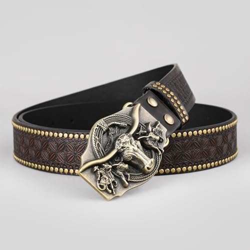 Western Cowboy Belt for Men Rivet Wide Waist Leather with Bullhead Buckle for Jeans4