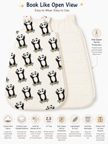 Image of TuddyBuddy Baby Cotton Wearable Quilted Sleeping Bag Blanket 1.5 Tog with 1 Way Zipper Closure | Ideal for Babies & Kids Hypoallergenic Fabrics | (Panda Hands in the Air AOP - Beige, 2-3 Years)