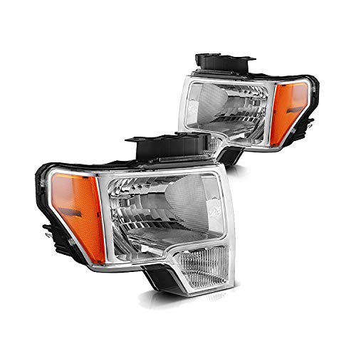 Headlight Assembly Replacement for Ford F150 Pickup 2009 2010 2011 2012 2013 2014 Chrome Housing Clear Lense wIth Chrome Trim Headlamps Driver Side And Passanger Side DL3Z13008A DL3Z13008B GFDPU09-A2