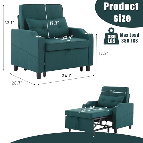 Image of Sleeper Chair 5-in-1 Convertible Chair Bed Pull Out Adjustable Single Armchair Sofa Bed with USB Ports,Side Pocket,Cup Holder (Green)