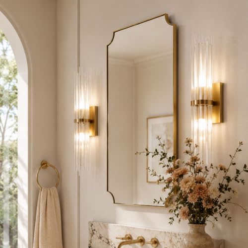 Image of TEHOME Gold Bathroom Mirrors, Brushed Brass Rectangle Scalloped Vanity Mirror for Bathroom,24x36''