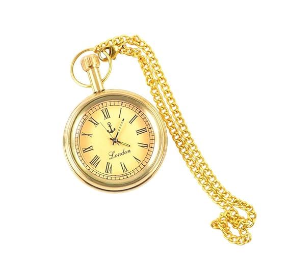 Unisex Adult Pocket Watch, Brass, Gold, Roman Numeral Dial, Chain, Glow In The Dark, 4.7cm Diameter, 68g, Vintage Style, Wooden Box Included