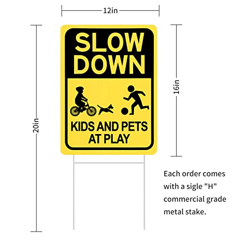 Slow Down Sign With Metal Stake 2Pack, Kids And Pets At Play Sign,16" X 12" Corrugated Plastic Double Sided Yard Sign, Child Safety Caution Signs, Children Sign For Street, Lawn Neighborhoods #TOP1