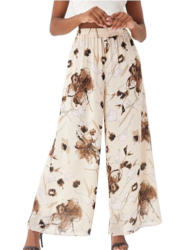 Women's Floral Boho Palazzo Pants Casual Dress Flowy Wide Leg Pant Chiffon Beach Vacation Trouser