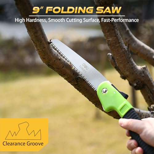 Image of Deli DL580618 9 inch Folding Saw with 65Mn Steel Blade ABS Handle 3-Sided Grinding Teeth Secure Lock Handsaw for Pruning Gardening Camping Wood Cutting Tree Branch (Pack of 1,Green & Black)