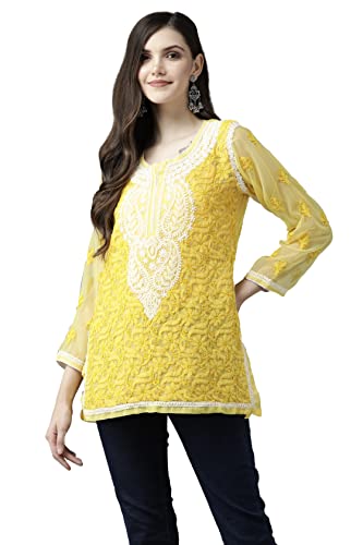 Image of Ada Women's Georgette Regular Fit Chikankari Hand Embroidered Lucknowi Short Top Kurti with Slip A211683