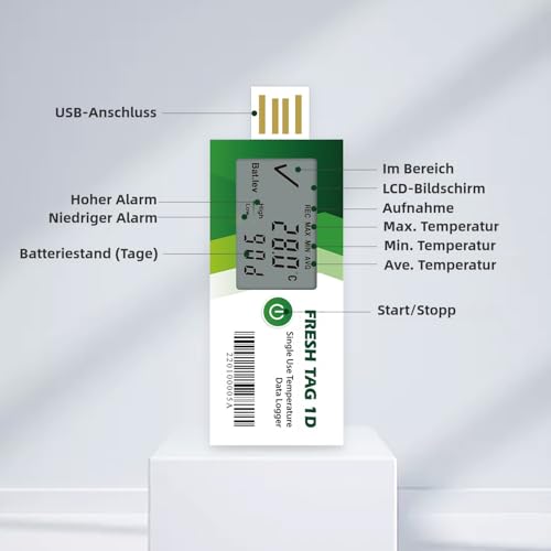 Freshliance Temperatur Datenlogger mit großem LCD-Bildschirm, 30000 Messwerte hohe Genauigkeit Einweg-Temperaturrecorder mit PDF&CSV-Berichte 90 Tage 20 Packung, Fresh Tag 1D