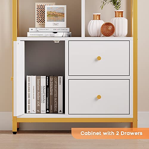 GarveeHome 4-Tier Gold Bookcase w/ 3 Drawers, 62" White Gold Bookshelf with Door and Metal Frame, Floor Standing Display Storage Cabinet for Office Living Room