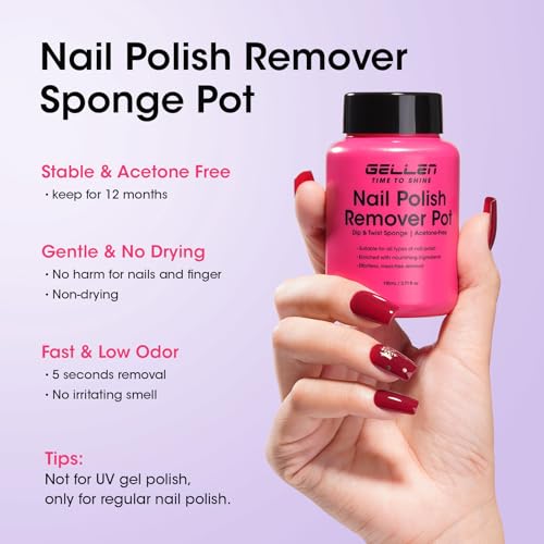 Image of Gellen Nail Polish Remover, 5-9s Quick Removal, Lavender Scent, Non-drying | Dip Twist Sponge Nail Polish Remover Pot For Fingernail Toenail, Non-Acetone Free, Gentle Formula Shea Butter & Vitamin E