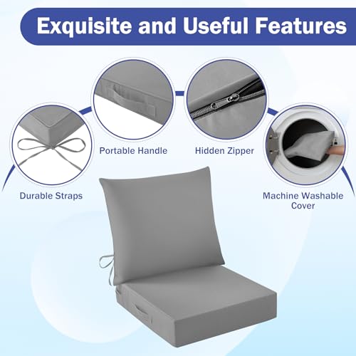 Image of Outdoor Chair Cushions, 24 x 24 Inch Outdoor Cushion for Patio Furniture, Patio Chair Cushion, Waterproof & Fade Resistant Deep Patio Furniture Cushions Set with Handle and Ties, Grey (Set of 6)