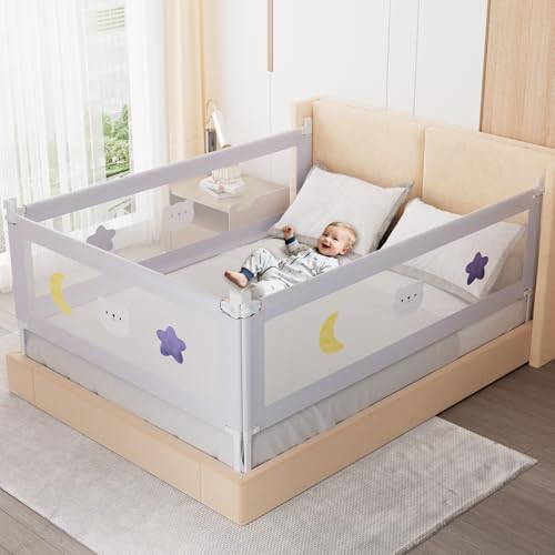 omzer 3-Piece King Size Bed Rail for Toddlers - Toddler Bed Rails with Double Child Lock, Bed Rail for Baby Kids with Pattern, Height Adjustment Guardrail for King Size Bed, 78.7x78.7x74.8”