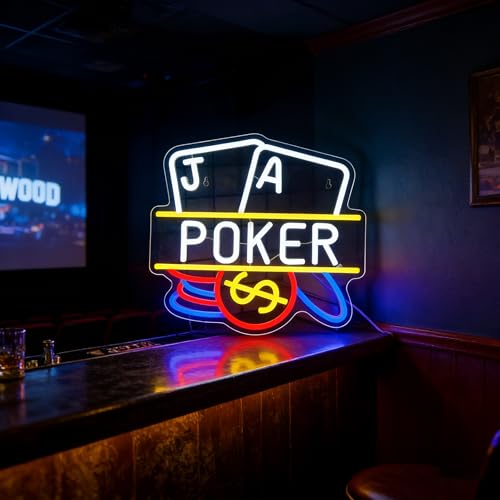 Image of Poker Neon Sign Dimmable Casino LED Wall Light for Man Cave | Playing Cards LED Neon Light for Poker Room, Game Room, Bar, Bedroom, Casino Party Decor, Gift for Poker Lovers, USB Powered