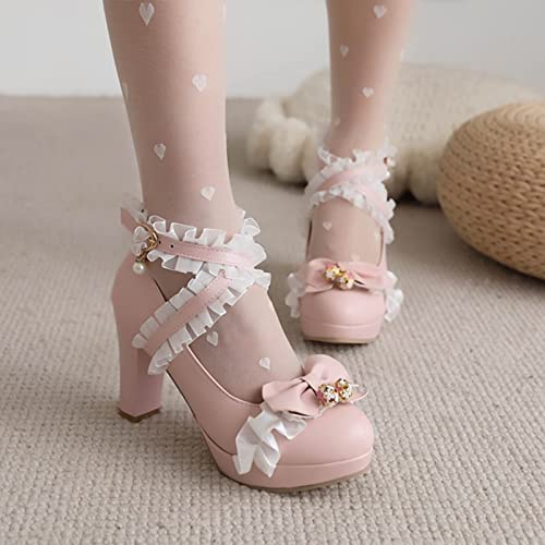 Image of FOREADA Lolita Shoes Platform Mary Jane Heels Kawaii Bow Lace Pearl Pumps | Vintage kawaii lolita styling ideal for dresses, with bead, lace, bow, ankle strap, pink, white and classic black colors